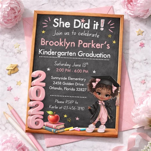 Black Girl Kindergarten Graduation Invitation | She Did It Chalkboard Grad Invite | African American Girl Kinder Grad Party | Digital 5x7 - Etsy
