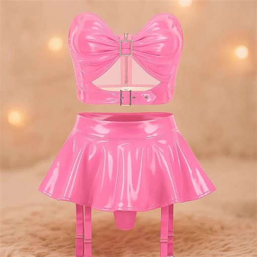 Glossy PU Patent Lingerie Set Cut-out Bra Ruffle Mini Skirt Garter Straps Clips - Etsy