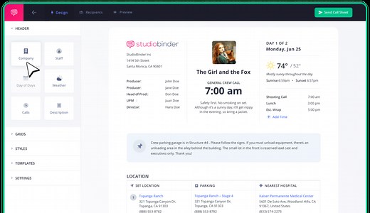 StudioBinder – Online Call Sheet Templates for Film & TV Production