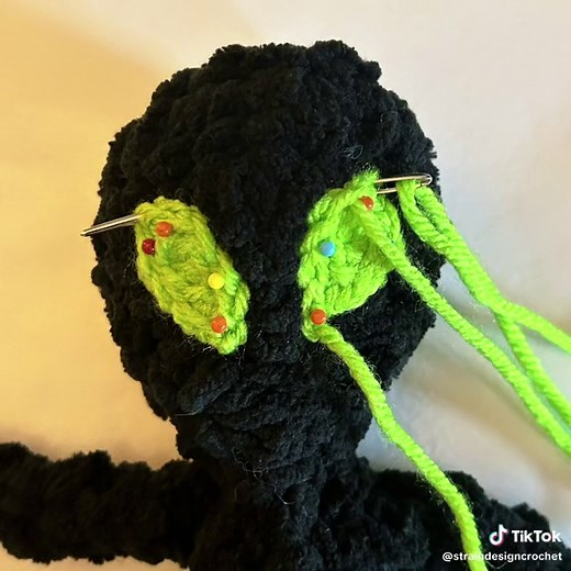 Can’t wait to share the Baby Alien Crochet Pattern! 👽✨ These are example photos the assembly section ~ how to sew the eyes on! #babyalien #crochetplushie #haloween