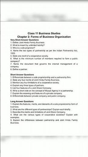 CBSE CLASS 11TH BUSINESS STUDIES CHAPTER 2 MOST IMPORTANT QUESTIONS | BUSINESS STUDIES #cbse #exam