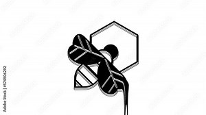 Black Bee and honeycomb icon isolated on white background. Honey cells. Honeybee or apis with wings symbol. Flying insect. Sweet natural food. 4K Video motion graphic animation