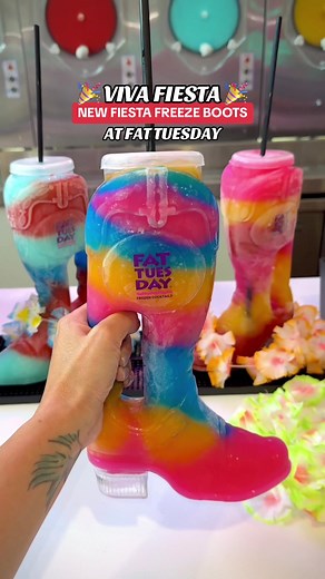 🎉Viva Fiesta🎉 Kick off Fiesta with @Fat Tuesday and their NEW Fiesta Freeze combo in the CUTEST boots! 👢 Be sure to grab your Fiesta Freeze early in the week so you can get discounted refills on your Boot Cup ALL FIESTA LONG! They are celebrating the event with the official colors: PINK Pina Colada, BLUE raspberry, and ORANGE 190 Octane. The Fiesta Freeze combo features two of the STRONGEST flavors from the 190 fam and customers will GET LEID if they upgrade to a boot with a free flower lei! 
