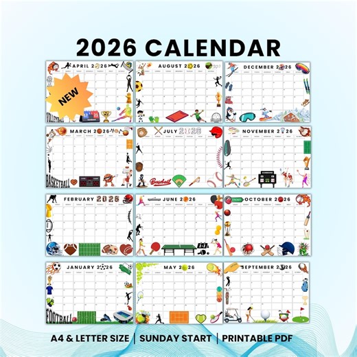 2026 Sports Calendar – Monthly Planner – Different Sport Each Month – A4 & Letter Printable PDF – Sunday Start – Minimal Clean Layout - Etsy