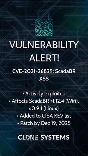 Clone Systems on Instagram: "Vulnerability Alert: CVE-2021-26829 A cross-site scripting (XSS) flaw in OpenPLC ScadaBR is actively being exploited and has been added to CISA’s Known Exploited Vulnerabilities (KEV) catalog. Threat actors are targeting unpatched HMI systems to deface login screens, disable logs, and gain persistent access, highlighting the urgent need for visibility across industrial environments. Patch ScadaBR v1.12.4 (Windows) and v0.9.1 (Linux) immediately to avoid exposure. Sta