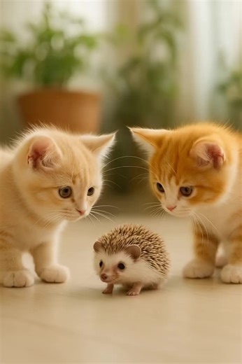 On a softly sunlit floor, a tiny hedgehog takes a few steps— and the kittens’ reactions are priceless! The cream kitten twitches its nose, the orange one tilts its head, and together they curiously follow every movement. This gentle and heartwarming interaction will melt your day. 💛 If you love cute animal videos, this one is a must-watch! Cat   hedgehog content always wins the algorithm 🐾🦔✨ 👉 Subscribe & like for more heartwarming animal moments. #cats #kittens #hedgehog #cuteanimals #petsh