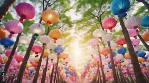 Colorful paper lanterns strung between trees create a festive atmosphere at a lantern festival. The sun shines through, casting warm light on the scene. Stock Video