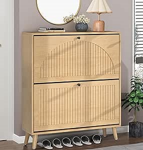 Fsbecl Shoe Storage Cabinet for Entryway with 2 Flip Drawers, Narrow Wood Shoe Cabinet with Fluted Panel, Freestanding Hidden Shoe Organizer for Foyer, Hallway (Wood Color)
