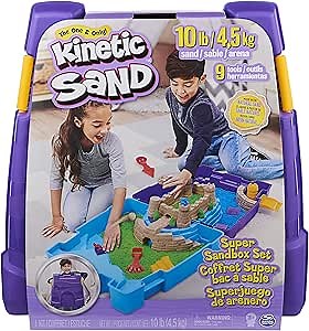 Kinetic Sand, Super Sandbox Set with 10lbs of Kinetic Sand, Portable Sandbox w/ 10 Molds and Tools, Play Sand Sensory Toys for Kids Aged 3 and Up