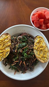 Simple Veggie Sauté 🌱 One of my batch prepped salads turned into a quick and easy sauté. 🌱 An air fried potato with mustard for starch 🌱 Watermelon for dessert 🌱 Simple and easy makes this lifestyle sustainable! This is one of my easy go to meals. Our healthy version of “fast food!” Do you prefer rice or potatoes? For me it’s potatoes, sweet potatoes, Japanese sweet potatoes, Hannah’s, Stokes purple potatoes, gold potatoes and russets. Get Healthy 🌱 Stay Healthy 🌱 One Meal At A Time 🌱 #nu