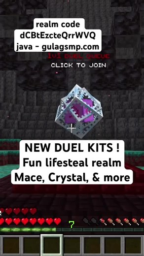 practice your pvp in this life steal realm ! #fyp #minecraft Realm Code: dCBtEzcteQrrWVQ Java IP: gulagsmp.com Discord: uZWHhdWUPn