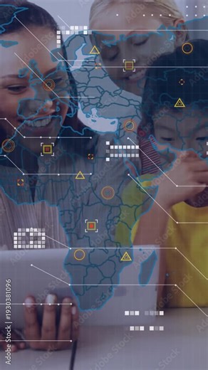 Vertical video: Teacher holding tablet while kids tapping, expanding holo map HUD for learning