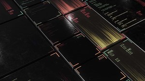 High-tech moving panels with digital data. Animation. 3D background with moving touch panels showing digital data. Digital data on 3D metal panels