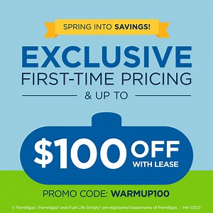 88K views | Best-in-class propane service starts with Ferrellgas! Enjoy this special offer for exclusive pricing on your first delivery, plus get up to $100 off with a lease.* *Terms and conditions apply. Offer expires July 15, 2025. Use promo code WARMUP100. | Ferrellgas | Facebook