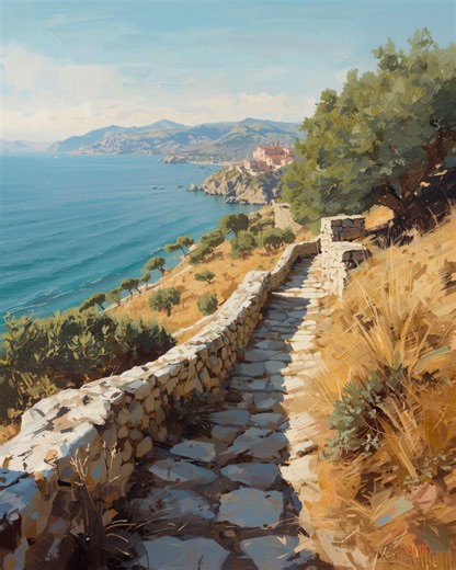 Mediterranean Coastal Path Painting, Stone Path by the Sea, Italian Coast Landscape, Travel Wall Art - Etsy