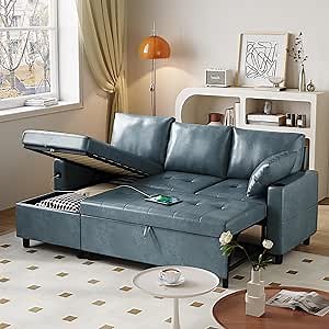 Faux Leather L Shaped Sofa, L Shape Couch, Pull Out Bed with USB and Cup Holder, Storage Cama, Queen Bed, Sleeper Couch for Living Room, Blue