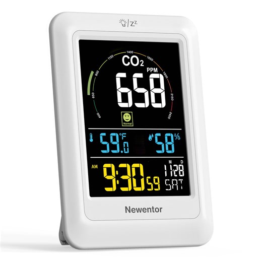 Newentor CO2 Monitor, Indoor Air Quality Meters, Real-Time Temperature & Humidity Monitor, Carbon Dioxide Detector with Alerts, Alarm Clock, for Home, Office, and Greenhouse Use, White
