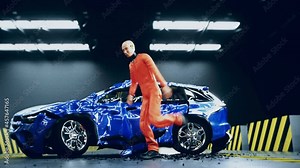 Crash test funny dummy, mannequin dancing. Car crash. Realistic 4k animation.