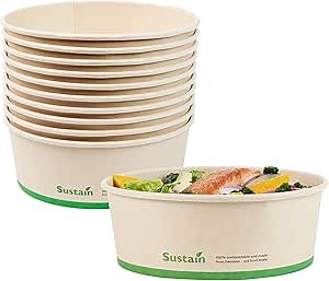 Restaurantware-Sustain 44 Ounce Sturdy Paper Take Out Boxes, 200 Round Take Out Food Containers - With PLA lining, Compostable, Bamboo Paper Containers, Disposable, Greaseproof