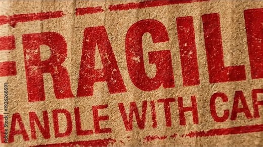 Fragile label on textured cardboard with red bold warning and caution stamp, handle with care safety message on brown packaging surface emphasizing careful handling for secure transport