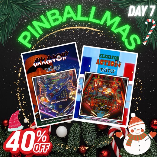 🎄 Day 7 of Pinballmas is Here! ❄️ Continue our 14-Day NOD-Winter Pinballmas Countdown with two more classic adventures from AtGames! Today’s Tables of the Day are ELEVATOR ACTION™ 🕵️‍♂️🏢 and ARKANOID™ 🧱🚀- dive into arcade action and brick-busting fun! ❄️❄️❄️❄️❄️❄️❄️❄️❄️❄️ ABOUT THE TABLES ELEVATOR ACTION™ Take on the role of a secret agent navigating high-rise buildings! Dodge enemies, ride elevators, and complete your mission in this action-packed pinball table inspired by the arcade class
