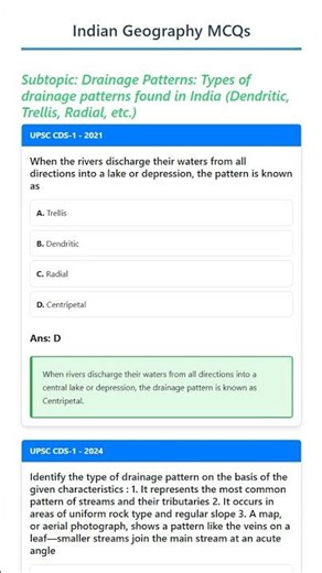 Drainage Patterns: Types of drainage patterns found in India Dendritic, Trellis, Radial, etc.
