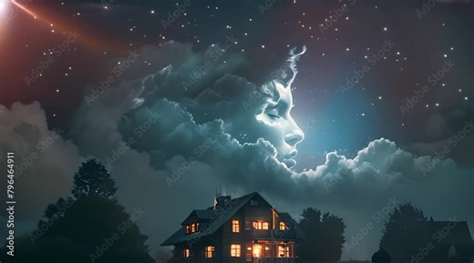 Mystical Cloud Formation of a Woman's Face at Night with Ai generated.