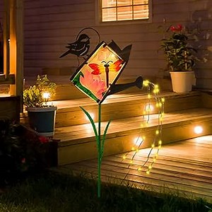 Solar Outdoor Lights Decorative, Dragonfly Garden Decor Glass Solar Watering Can with Cascading Lights Solar Garden Lights Yard Art Garden Stakes for Walkway, Pathway, Yard, Lawn, Patio