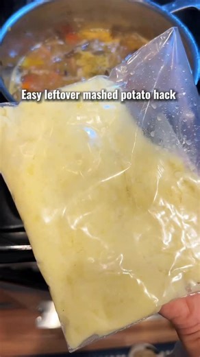 Did you know you can toss leftover mashed potatoes into your soup and it will thicken it perfectly while adding a rich, buttery, creamy flavor? Comment “Recipe” and I’ll send you my full Ham and Veggie Soup with Mashed Potatoes recipe. Make sure you’re following me so the DMs go through. This soup uses almost all my leftover ingredients from the big holiday dinner: mashed potatoes, ham, veggies, and herbs. I use onion, carrot, celery, mushrooms, tomatoes, and yellow bell pepper because they are