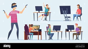 Cybersport characters. Video gaming team players teenagers playing on console with joystick pc an notebook vector characters Stock Vector Image & Art - Alamy