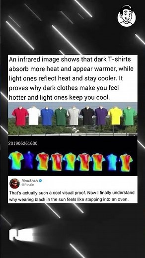 An infrared image shows that dark T-shirts absorb more heat and appear warmer, while light ones