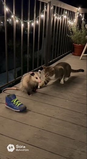 Cat's Playful Poke Gets a Possum Hiss