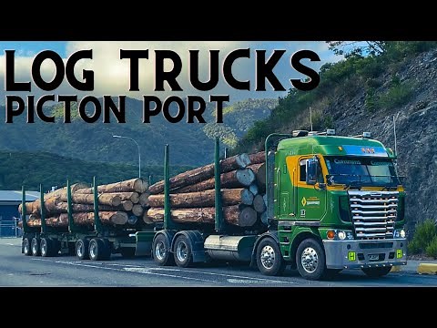 Log trucks in Picton Port New Zealand