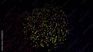 Fireworks on transparent background. Animated backgrounds for fireworks. Beautiful explosion of fireworks. 4k animation of festive background with shining beams and fire particles.