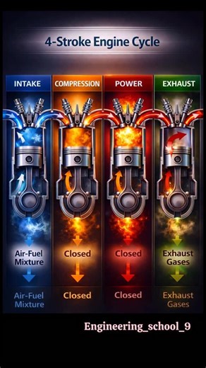 Engineering School on Instagram: "4 Stroke Engine Working in 3D | Intake Compression Power Exhaust How 4 Stroke Engine Works? | 3D Animation Explained Four Stroke Engine Cycle in Hindi & English | HD Animation IC Engine Working Principle | 4 Stroke Engine in 3D Complete 4 Stroke Engine Process | Mechanical Engineering Basics In this video, you will learn how a 4-stroke engine works with high-quality 3D animation. We explain the Intake, Compression, Power, and Exhaust strokes in a simple way. Thi