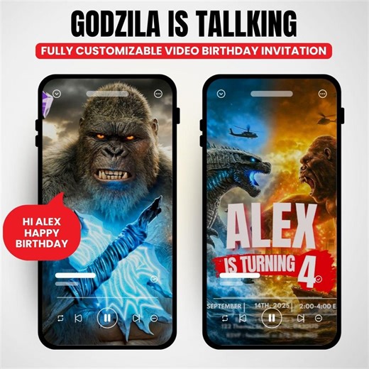 Personalized King Kong vs Godzilla Inspired Birthday Animation Invitation for Kid's Party
