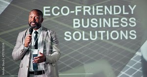 Man, lecture and speech with speaking presentation, eco friendly and business solutions for sustainable environment. Waste reduction, renewable product ideas and supply chain information seminar