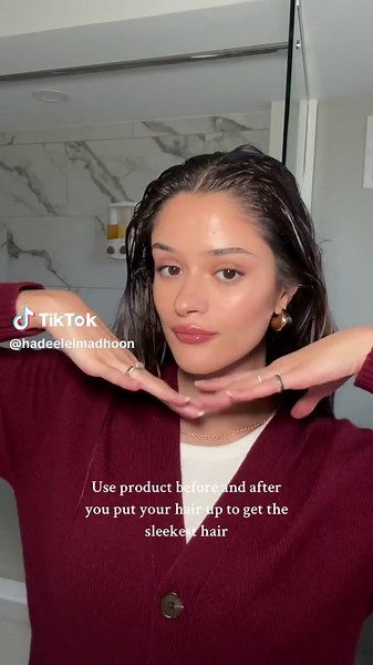 The trick to a slick back bun is using product before and after you put your hair up. I love using the @olaplex leave in conditioner for this