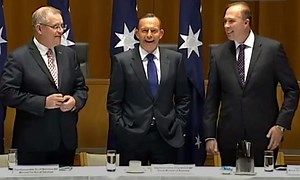 Peter Dutton overheard joking with Tony Abbott about rising sea levels – video