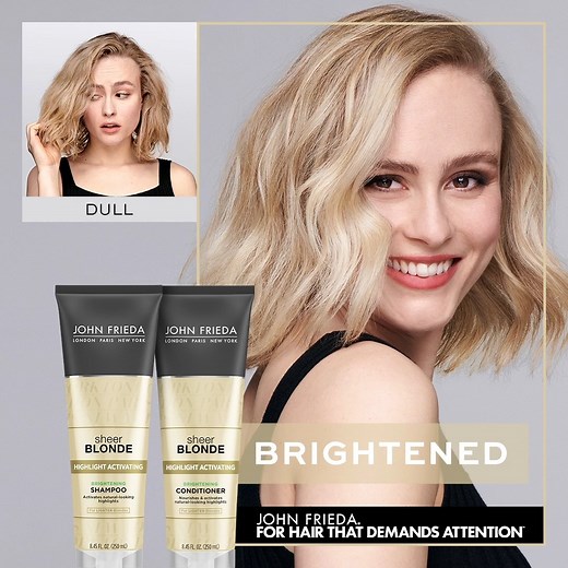 Transform dull blonde into brightened locks! The John Frieda Sheer Blonde Highlight Activating Brightening Shampoo, with light reflectors, brightens dull, faded blonde highlights and balayage. | John Frieda US