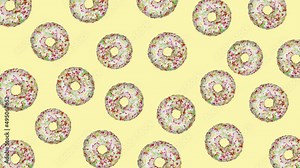 Minimal motion design - Tasty donuts rotating and wiggle at yellow color background. Trendy colors and style graphics. Seamless looping animation.
