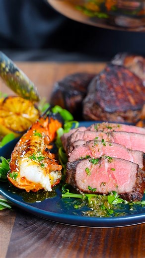 Surf & turf, but make it next-level with grilled USDA Certified Very Tender Filet Mignons, a simple garlic-herb marinade, decadent lobster, and a bold Calabrian chili butter finish. Ingredients 8 - 7 oz. Omaha Steaks Split Lobster Tail Skewers (Shop now: https://www.omahasteaks.com/product/Split-Lobster-Tail-Skewers-4-238-oz-03837?SRC=RZ0616 ) 4 - 7 oz. Omaha Steaks Private Reserve® Filet Mignons (Shop now: https://www.omahasteaks.com/product/Private-Reserve-Filet-Mignons-6-7-oz-00928?SRC=RZ0616