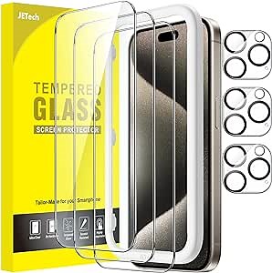 JETech Screen Protector for iPhone 15 Pro Max 6.7-Inch with Camera Lens Protector, Bubble Free, Easy Installation Tool, Tempered Glass Film, HD Clear, 3-Pack Each