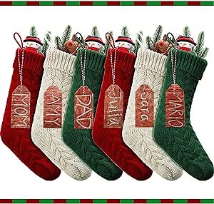 6 Pieces Christmas Stocking Knitted Stocking White Red Green Cable Knit Xmas Stocking and 15 Pieces Wooden Tags Small Wood Pieces Blank Unfinished Wood Cutout with Rope for Family Holiday Season Decor