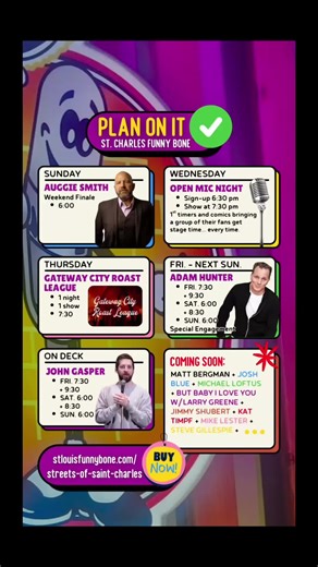 🎤 Your next laugh-out-loud night starts right here. This week at St. Charles Funny Bone, the stage is stacked with killer stand-up, must-see performers, and the kind of shows that turn an ordinary night out into a core memory. 👀 See the image for show dates you’ll want to grab tickets 🎟️ for and get them now before they’re gone Because the best plans aren’t last-minute — they’re Funny Bone plans. 😆🔥 #StandUpComedy #LiveComedy #ComedyNight #FunnyBone #NightOut