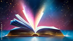 Magical open book with glowing light and flying particles, symbolizing knowledge, imagination, and the world of fantasy and education.