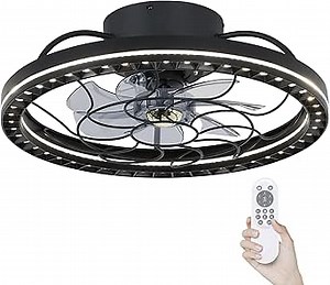 REDSTAR LED Ceiling Fans - Low Profile Ceiling Fan with Light Flush Mount 19 inch, Bladeless Ceiling Fan with Remote Control, 3 Color Stepless Dimmable, 6 Speed Quiet Reversible, Black, A293