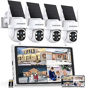 Solar Security Cameras Wireless Outdoor, 4MP FHD Battery Powered Home Security Camera System with 10" Monitor, 4-Cam kit, 360° View, Full Color Night Vision, Motion Detection, Work with Alexa