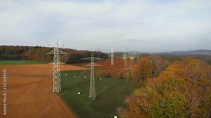 Power lines, power transmission towers. High voltage power station with pylons