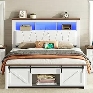 Farmhouse Full Size Bed Frame with Sliding Barn Door and Storage Bookcase, PU Leather Headboard with Charging Station and LED Light, Arc-Shaped Slats, No Box Spring Needed, No Noise, White and Walnut